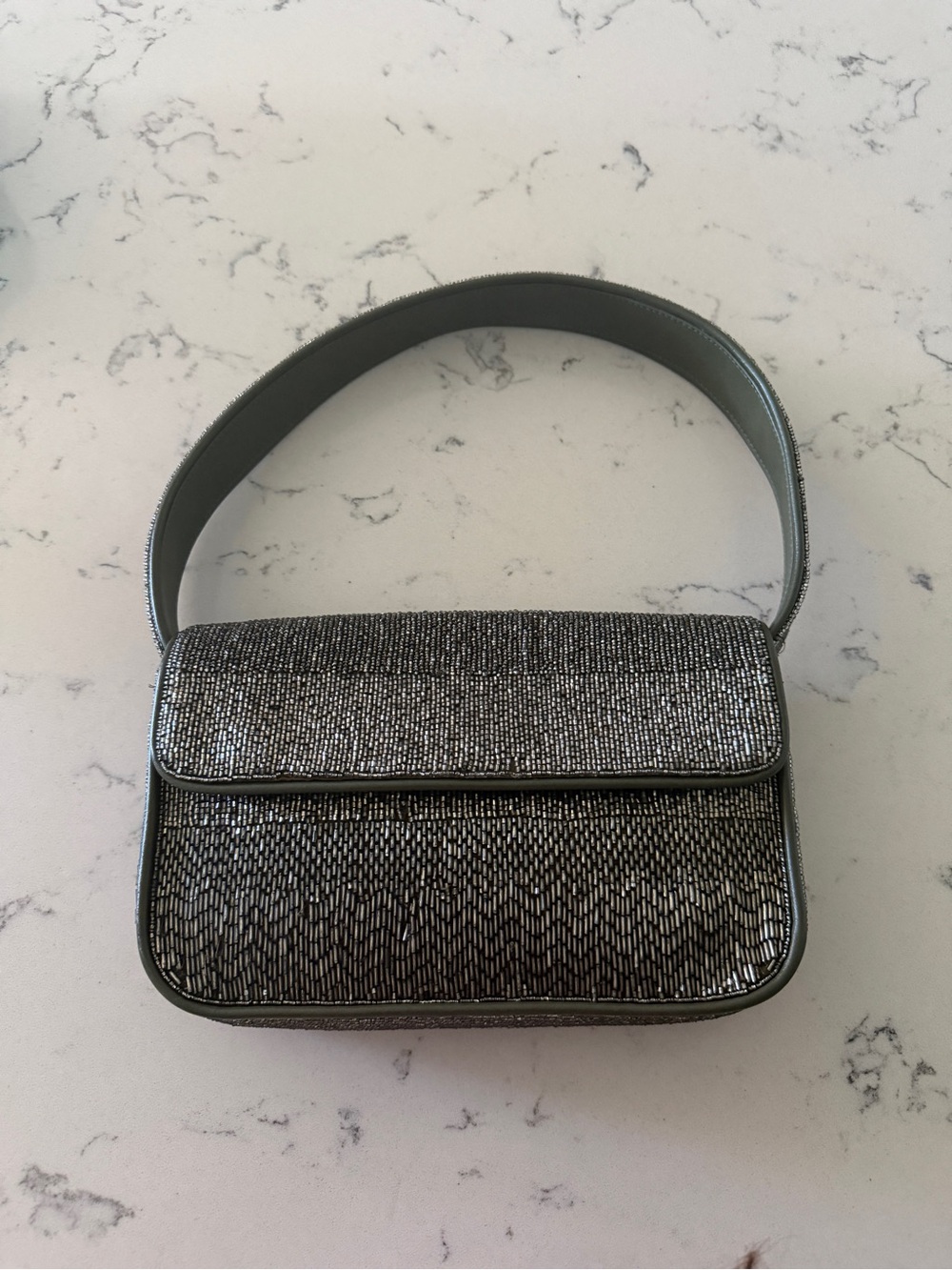 Staud Tommy beaded shoulder bag in avocado green brown leather purse euro